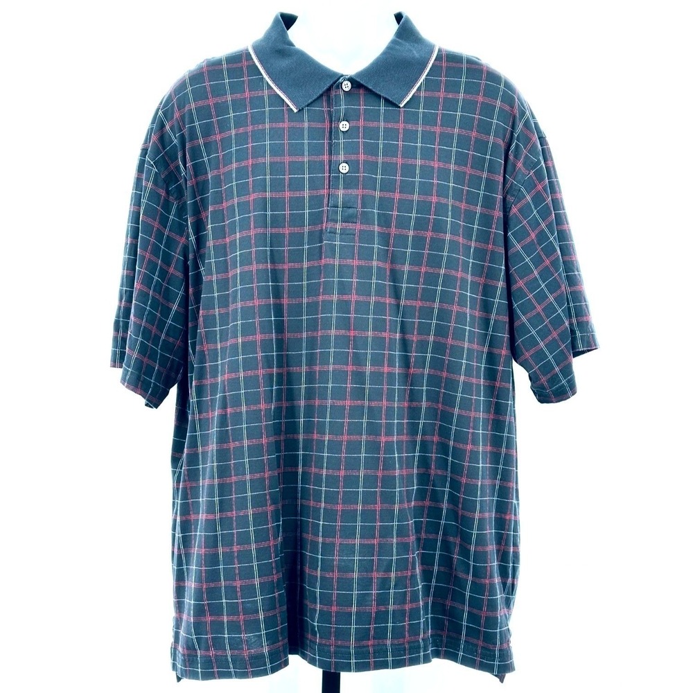 TASSO ELBA GOLF Polo Shirt Black & Red Window Pane Check Short Sleeve Men's XL